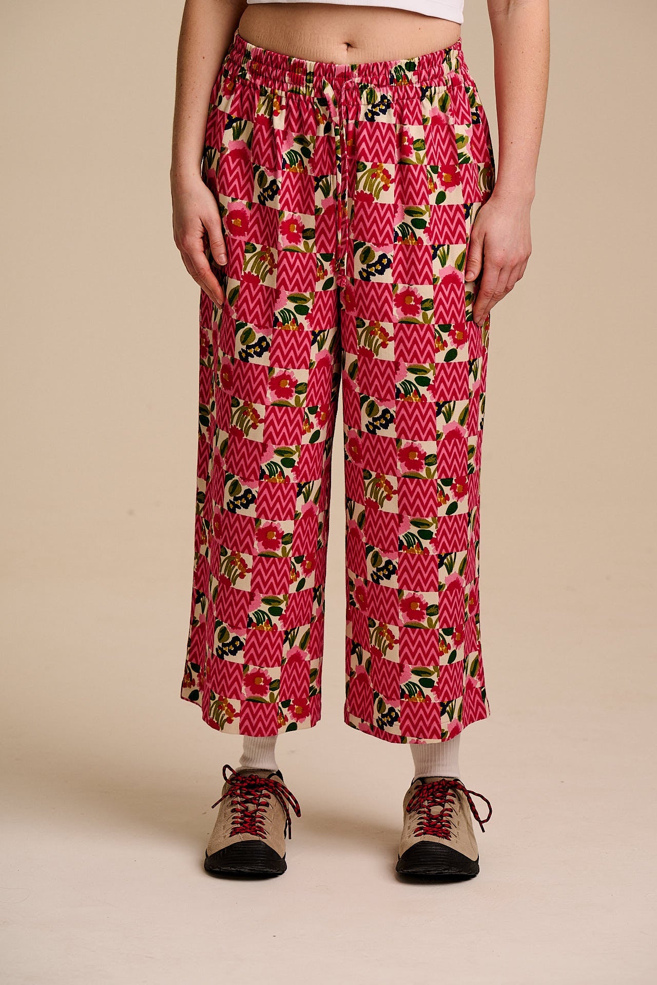 Chuck - Wide Leg Cotton Trousers in Zig Zag Floral Checkerboard