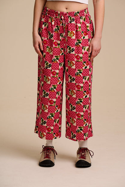 Chuck - Wide Leg Cotton Trousers in Zig Zag Floral Checkerboard