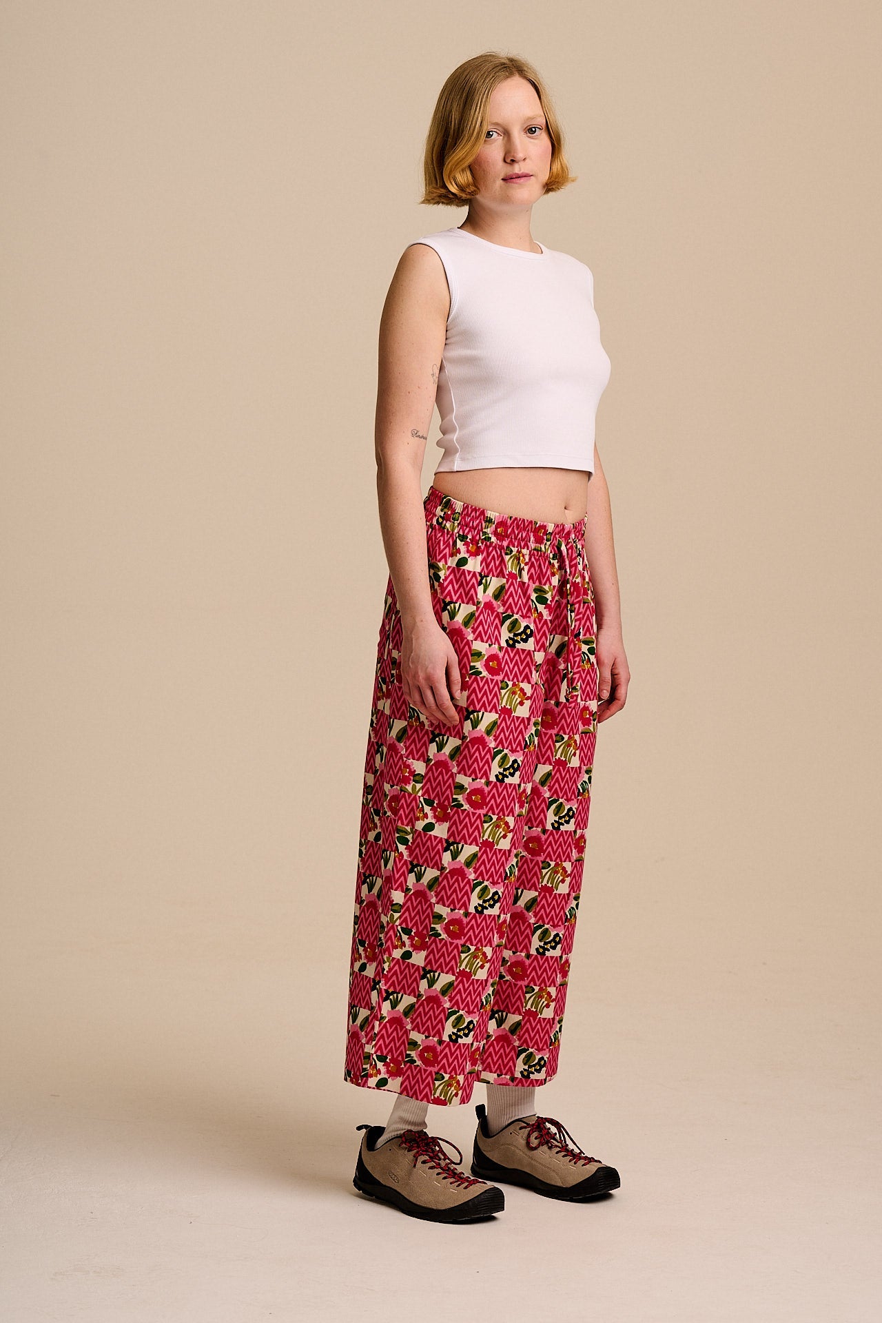 Chuck - Wide Leg Cotton Trousers in Zig Zag Floral Checkerboard