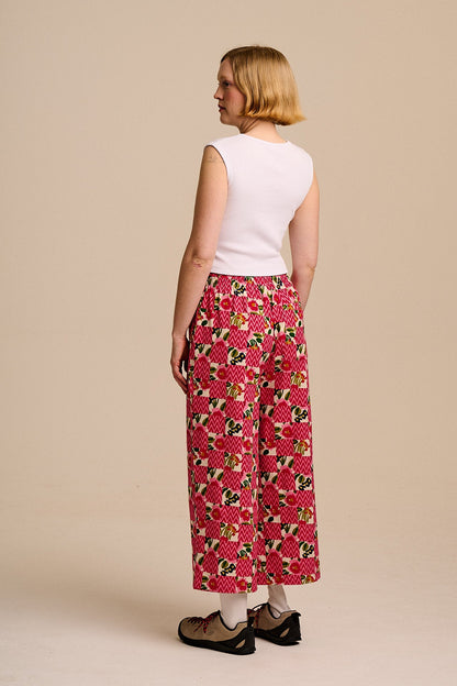 Chuck - Wide Leg Cotton Trousers in Zig Zag Floral Checkerboard