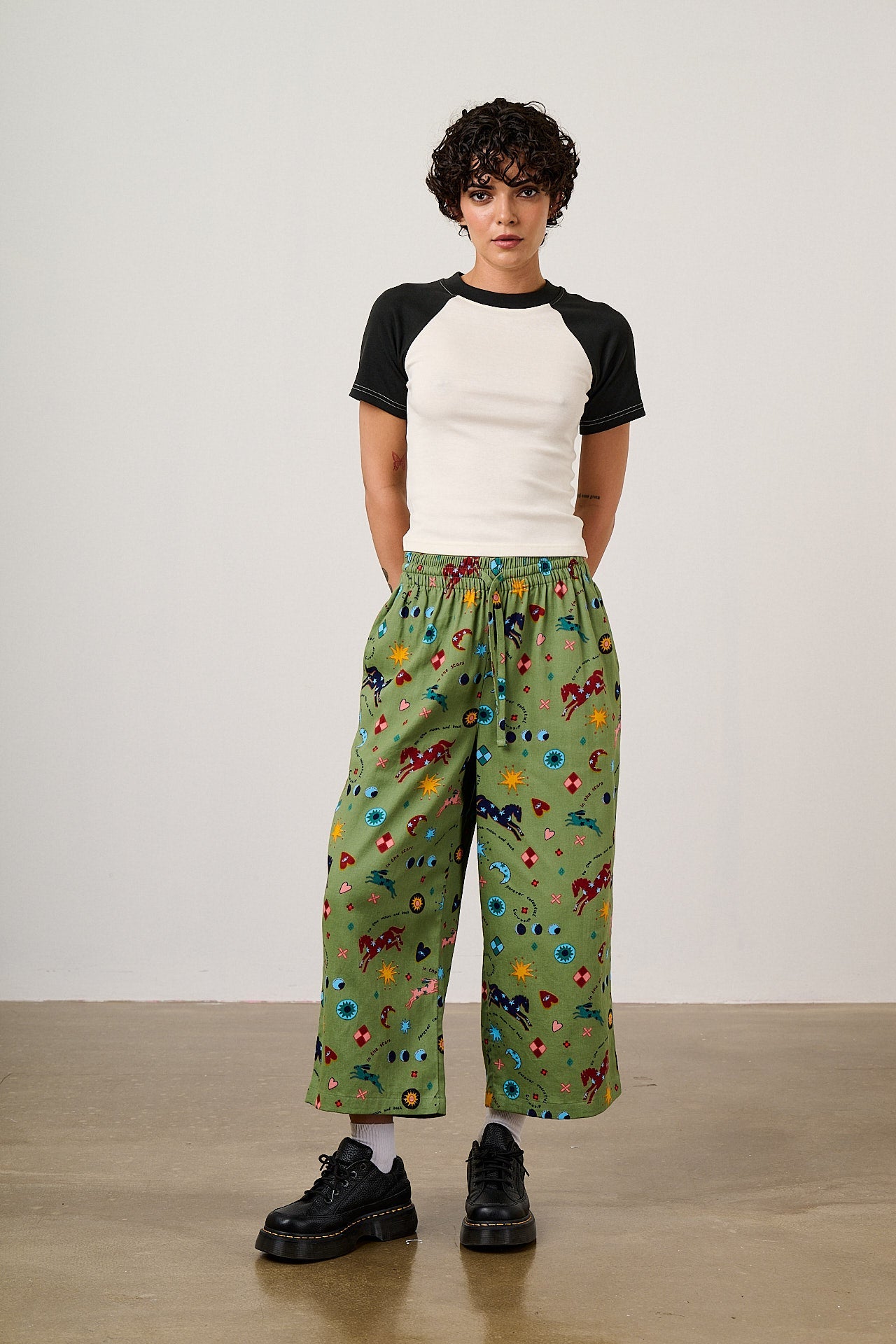 Chuck - Wide Leg Cotton Trousers in Green Celestial Dreaming
