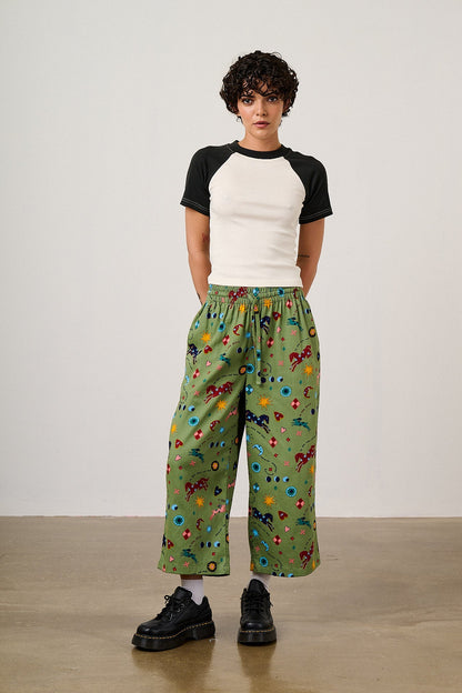 Chuck - Wide Leg Cotton Trousers in Green Celestial Dreaming