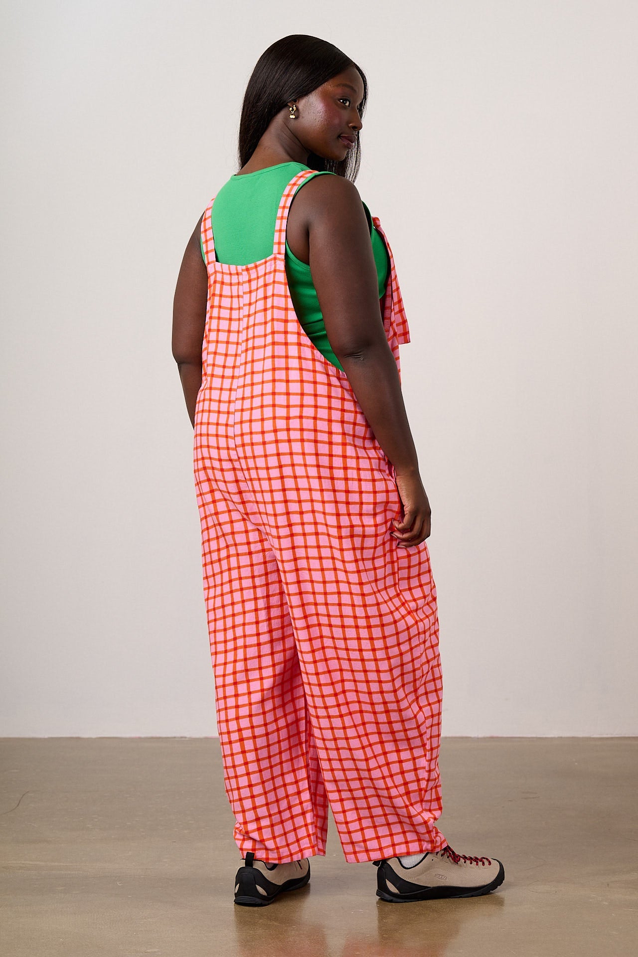 Chula - Viscose Barrel Leg Dungarees in Pink & Red Check