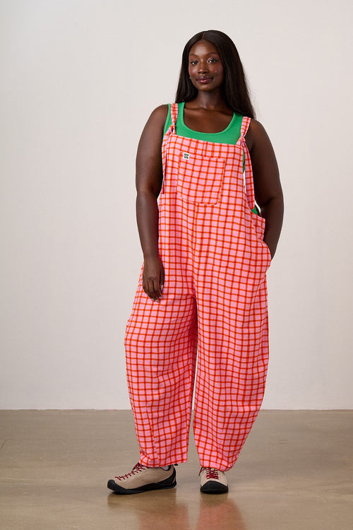 Chula - Viscose Barrel Leg Dungarees in Pink & Red Check