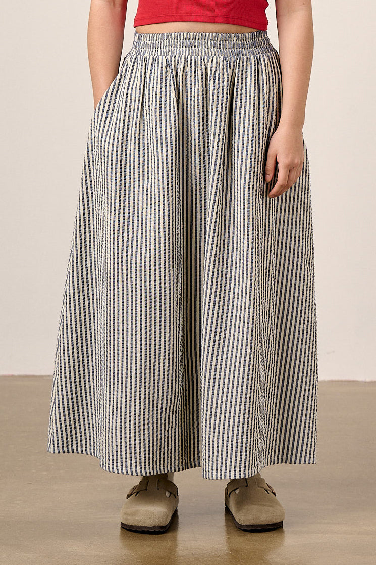 Clara - Cotton Midi Skirt in Navy Stripe