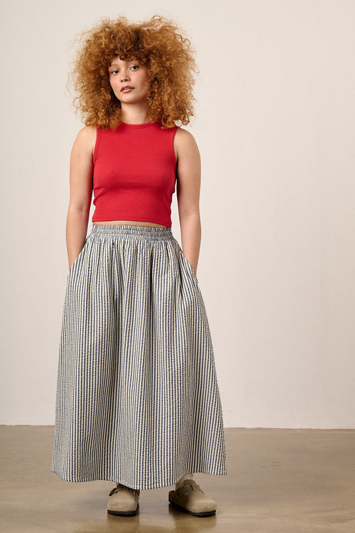 Clara - Cotton Midi Skirt in Navy Stripe