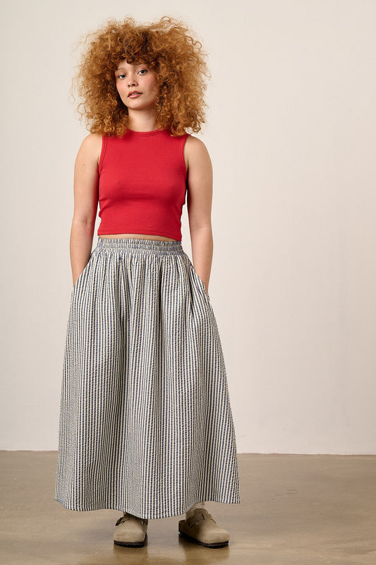 Clara - Cotton Midi Skirt in Navy Stripe