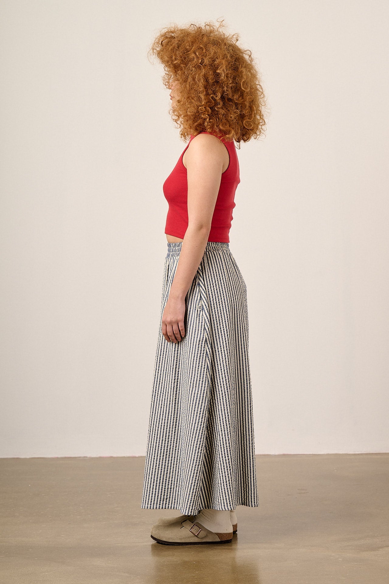 Clara - Cotton Midi Skirt in Navy Stripe