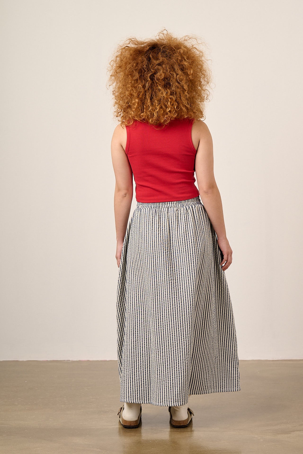 Clara - Cotton Midi Skirt in Navy Stripe