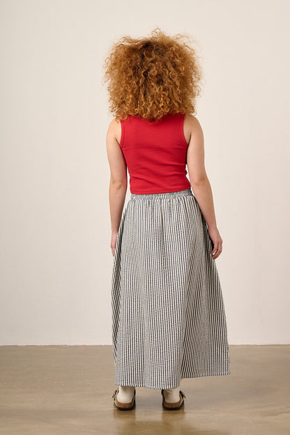 Clara - Cotton Midi Skirt in Navy Stripe