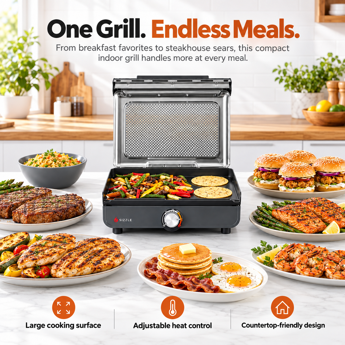Electric Indoor Grill – Nonstick Smokeless-Style Grill for Steaks, Burgers & More (Two baking sheets)