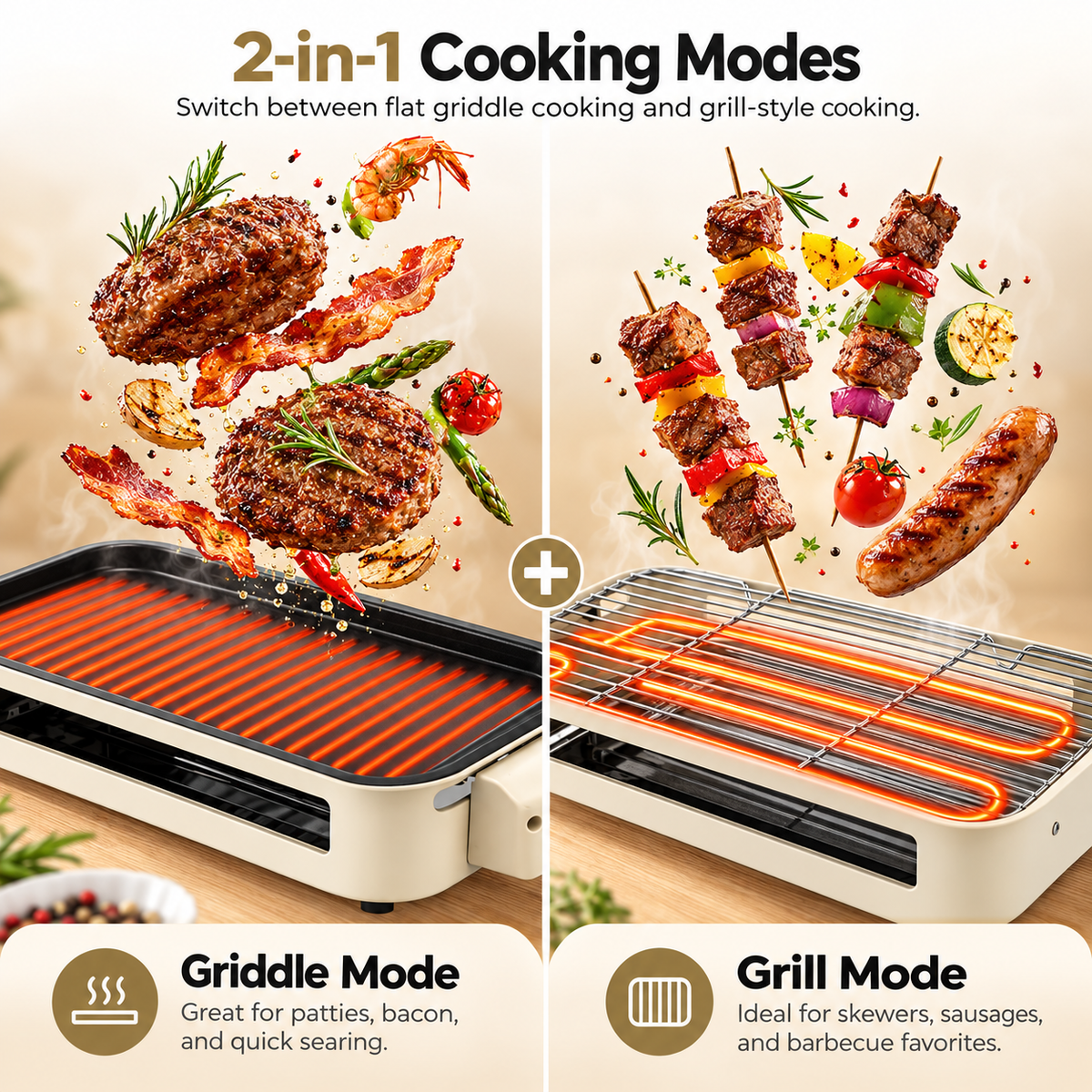 2-in-1 Small Smokeless Electric Indoor BBQ Grill with Versatile Cooking Options