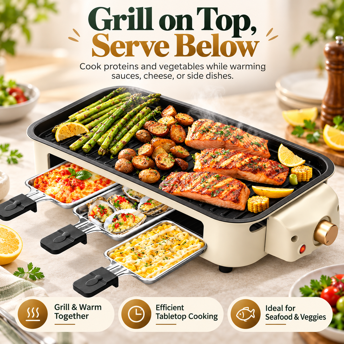 2-in-1 Small Smokeless Electric Indoor BBQ Grill with Versatile Cooking Options