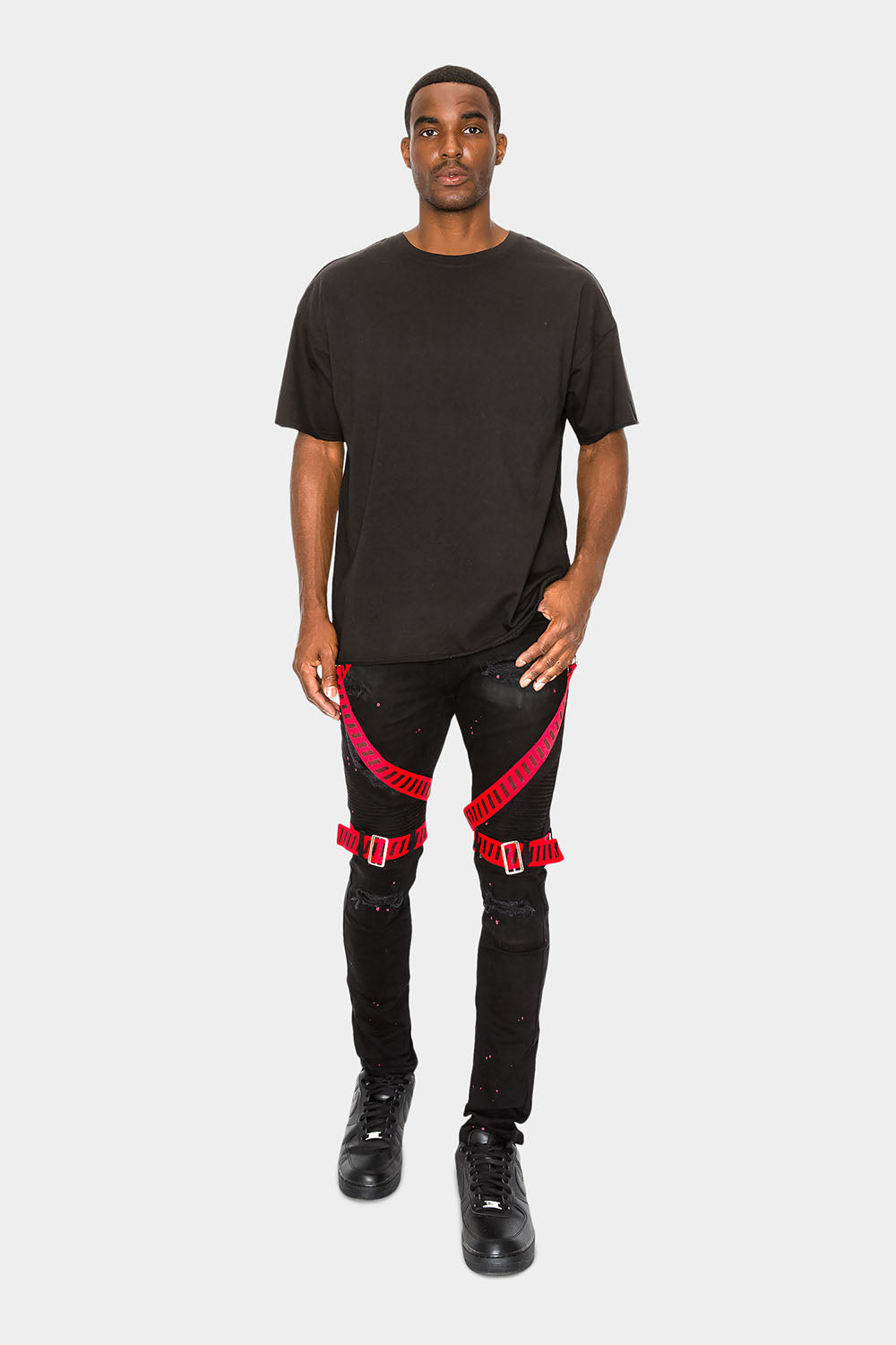 Adjustable Strap Harness Distressed Biker Jeans