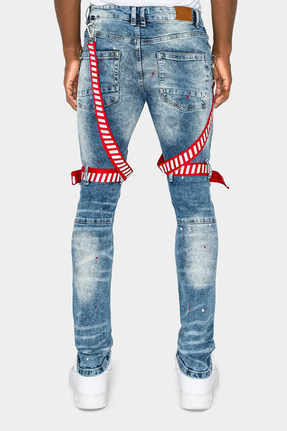 Adjustable Strap Harness Distressed Biker Jeans
