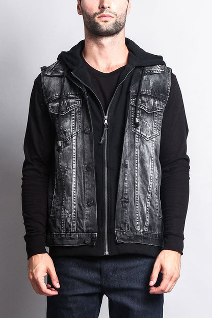 Layered Hooded Denim Vest