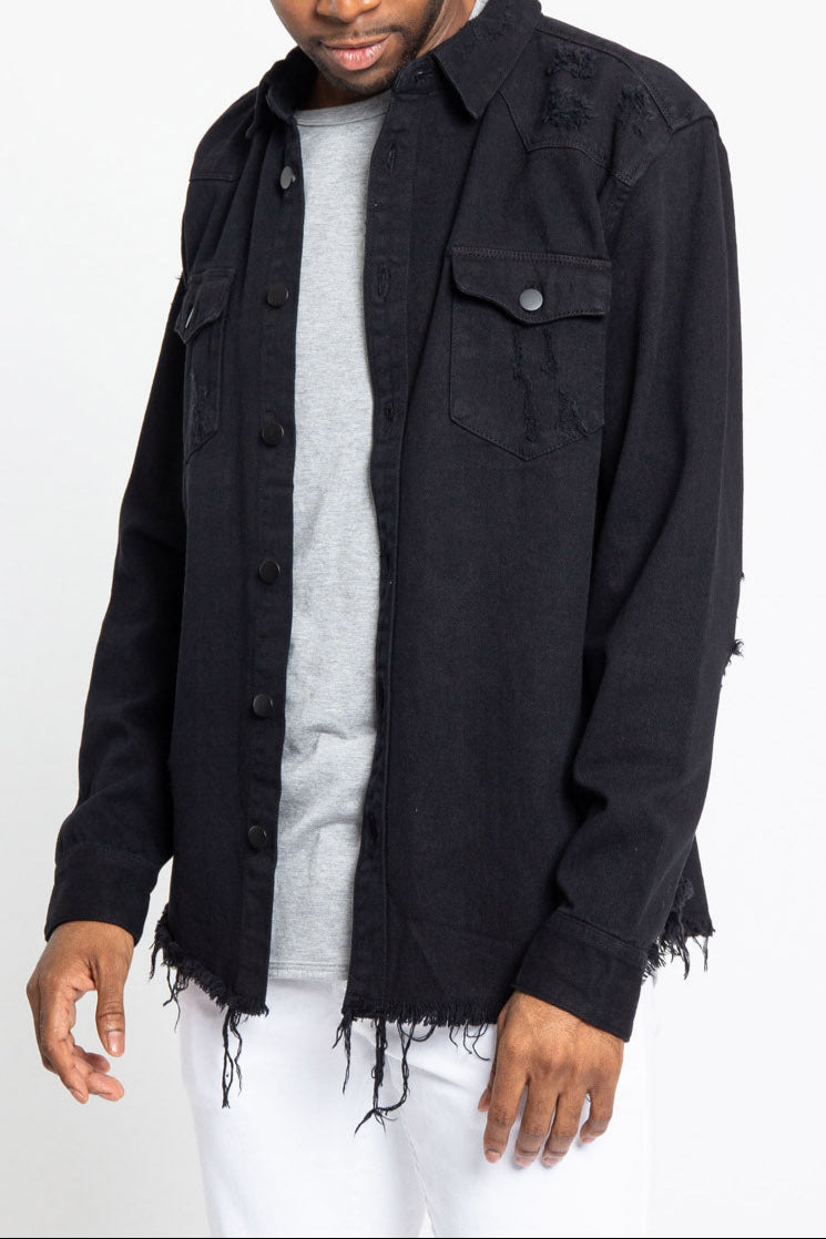 Distressed Denim Button Up Shirt Jacket