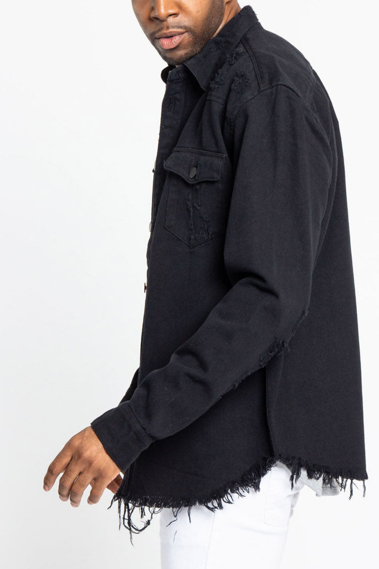 Distressed Denim Button Up Shirt Jacket