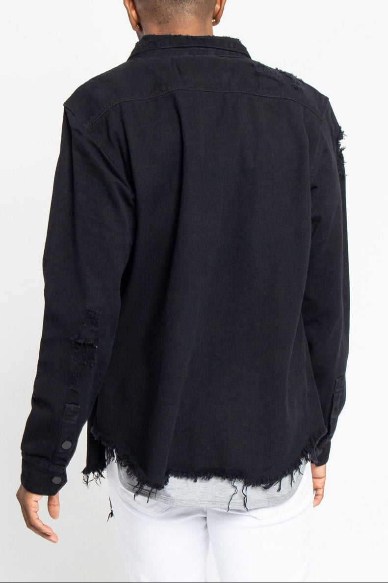 Distressed Denim Button Up Shirt Jacket