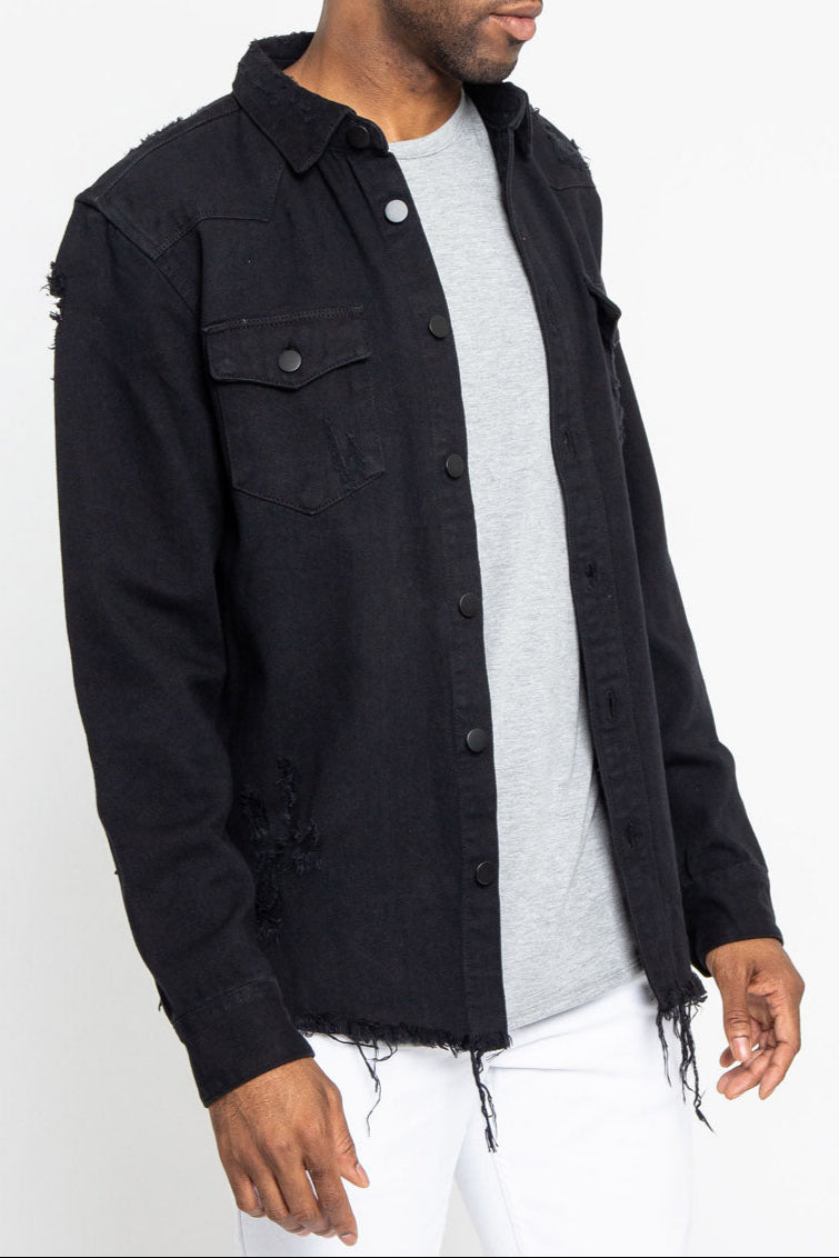 Distressed Denim Button Up Shirt Jacket