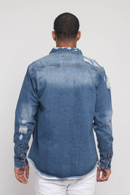 Distressed Denim Button Up Shirt Jacket