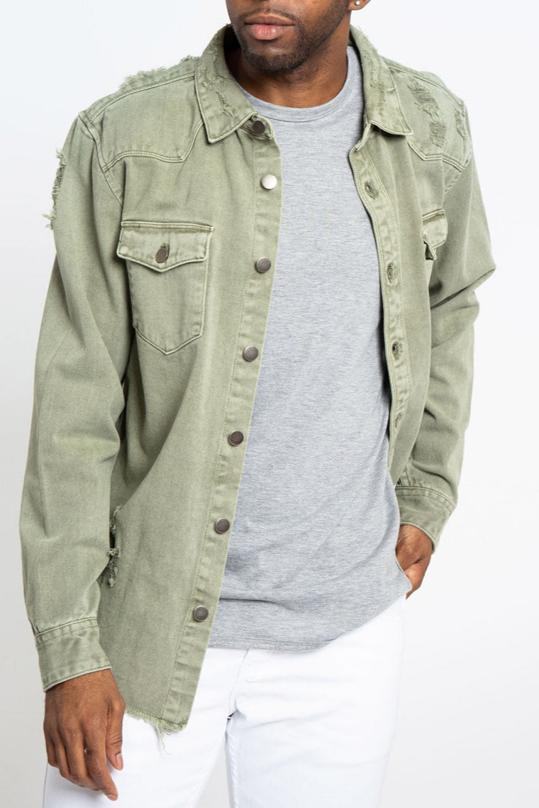 Distressed Denim Button Up Shirt Jacket