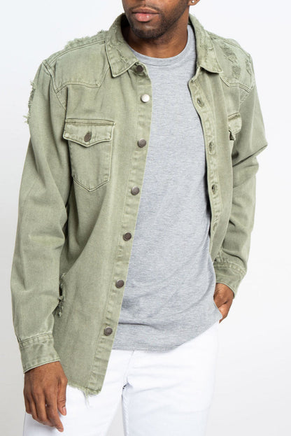 Distressed Denim Button Up Shirt Jacket