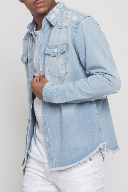 Distressed Denim Button Up Shirt Jacket