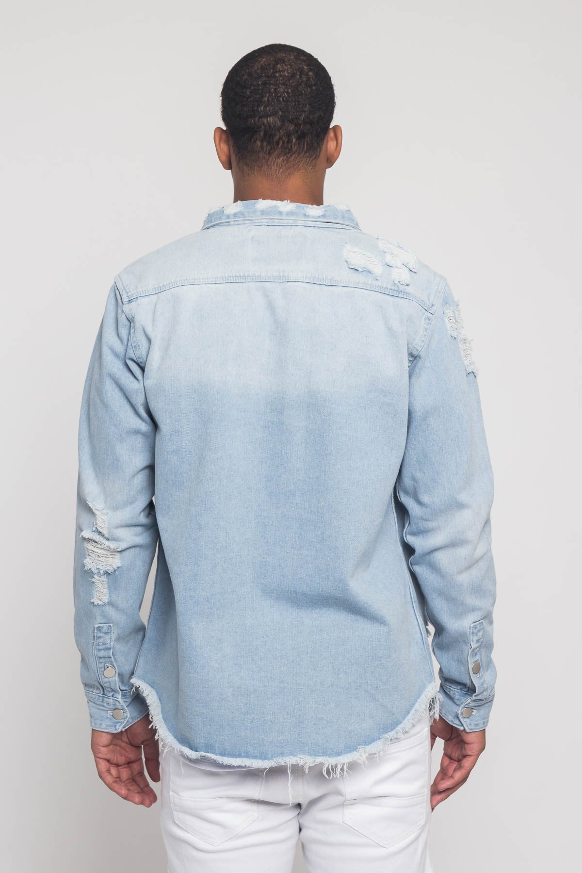 Distressed Denim Button Up Shirt Jacket