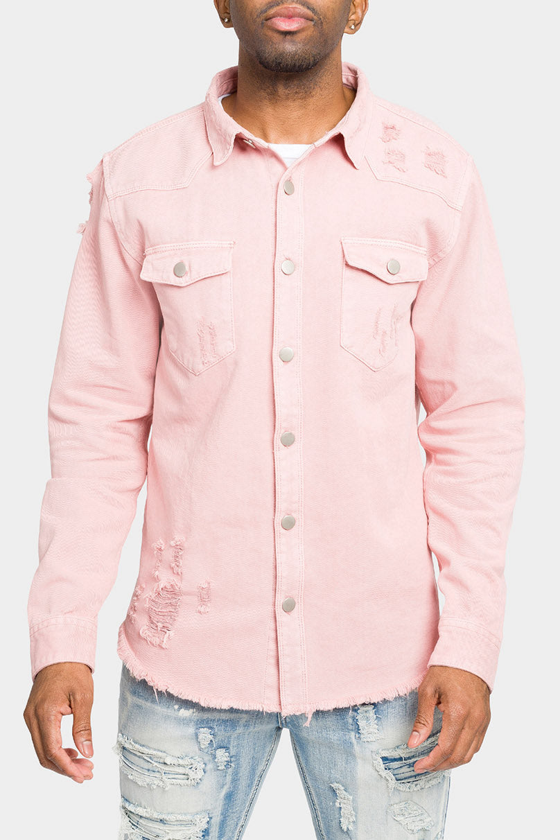 Distressed Denim Button Up Shirt Jacket