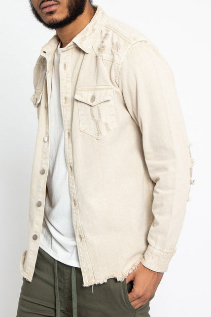 Distressed Denim Button Up Shirt Jacket