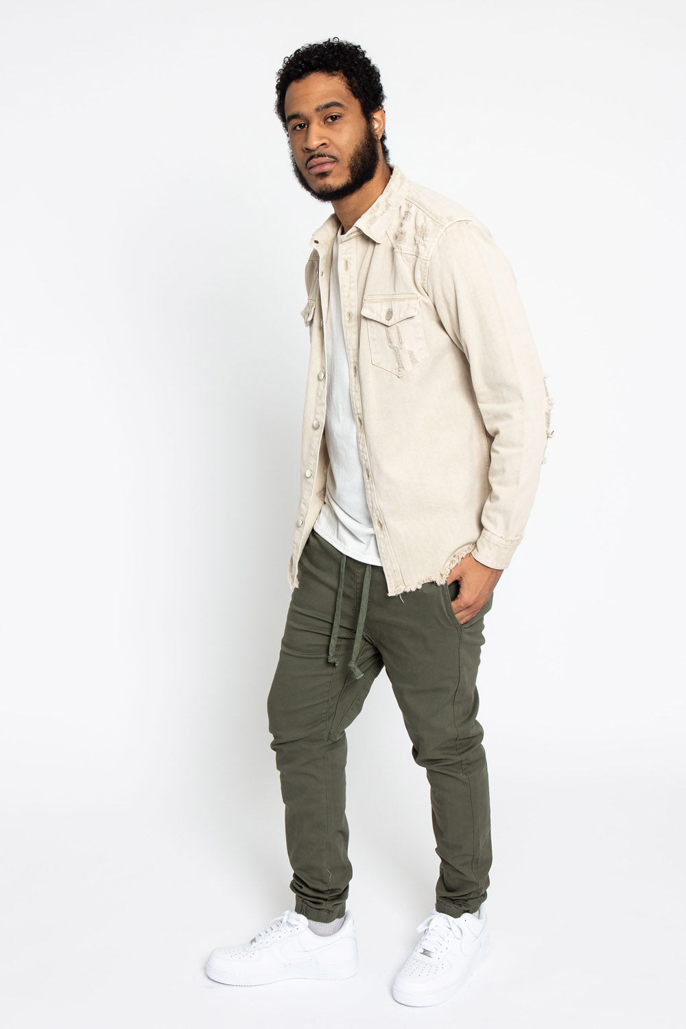 Distressed Denim Button Up Shirt Jacket