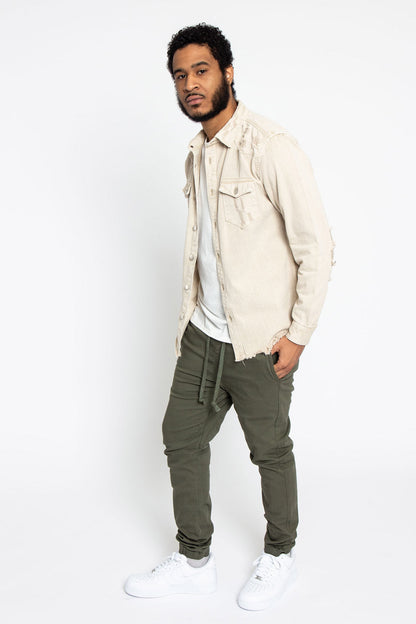 Distressed Denim Button Up Shirt Jacket