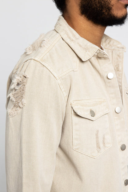 Distressed Denim Button Up Shirt Jacket