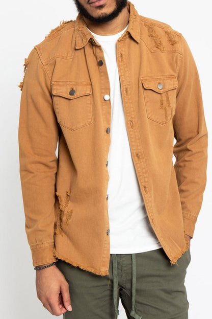 Distressed Denim Button Up Shirt Jacket