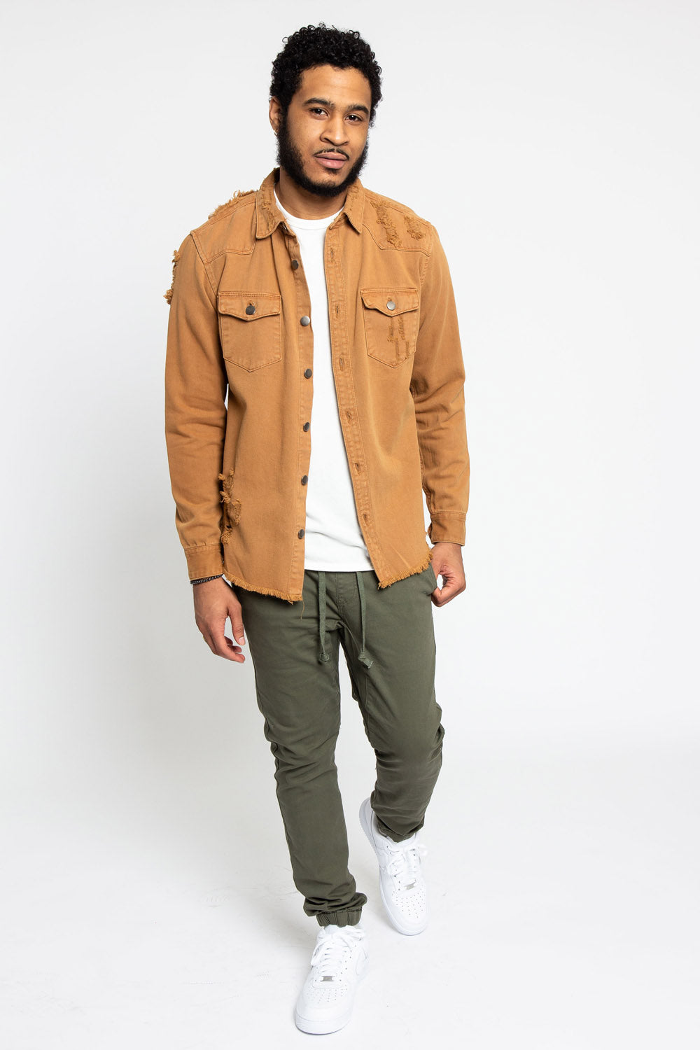 Distressed Denim Button Up Shirt Jacket