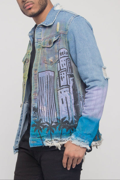 Distressed Airbrushed City Denim Jacket