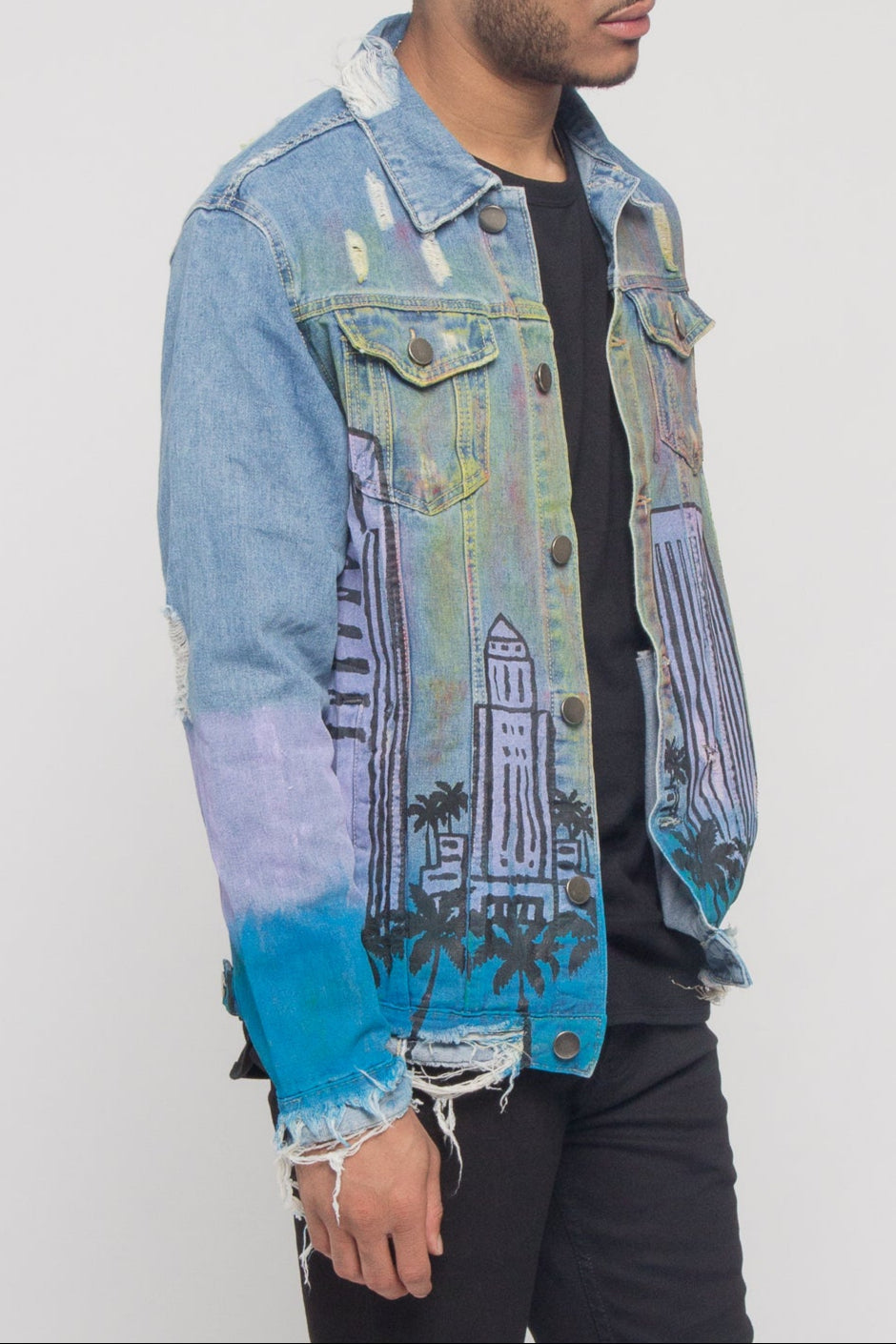 Distressed Airbrushed City Denim Jacket