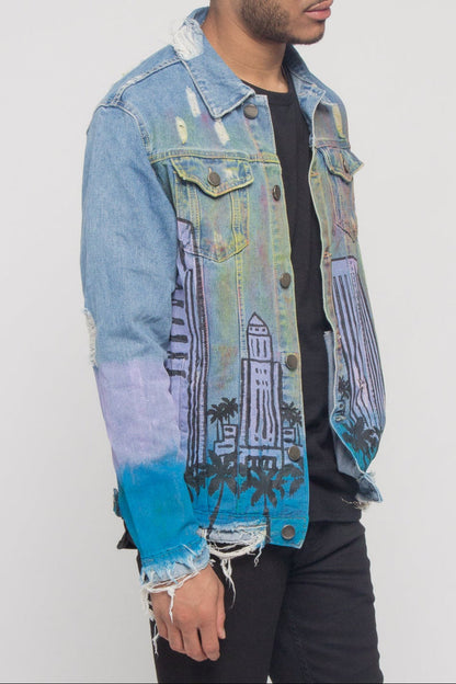 Distressed Airbrushed City Denim Jacket