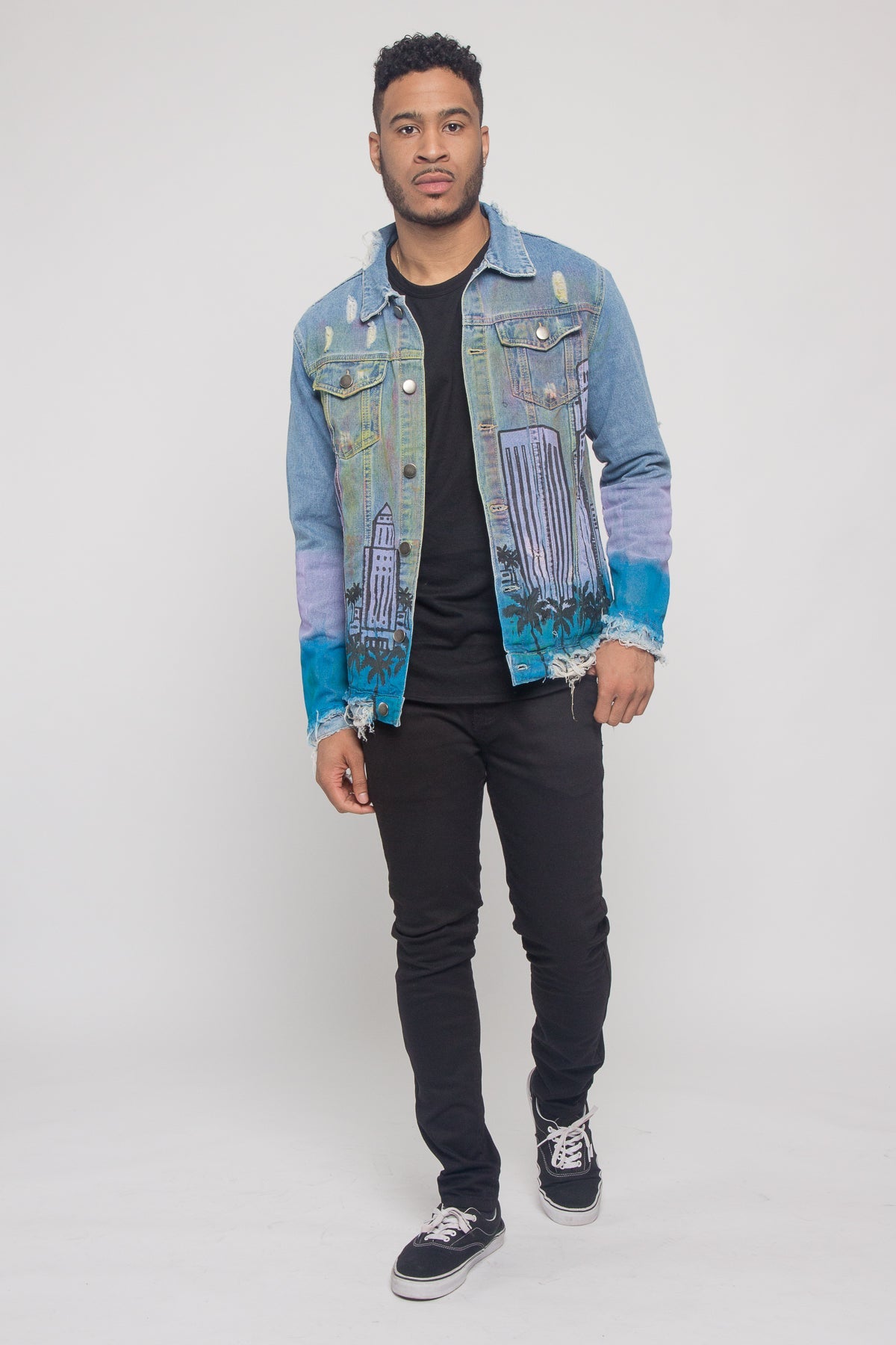 Distressed Airbrushed City Denim Jacket