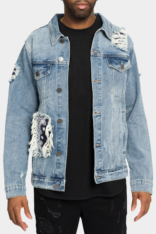 Distressed Bandana Paisley Patched Denim Jacket