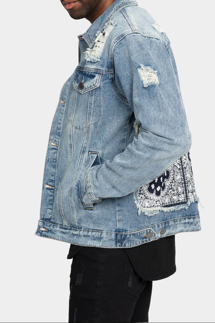 Distressed Bandana Paisley Patched Denim Jacket