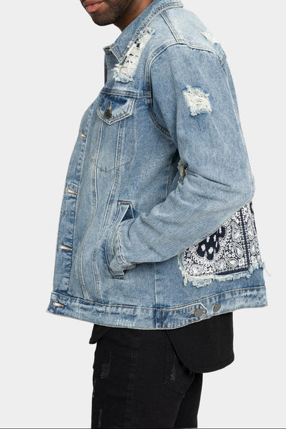 Distressed Bandana Paisley Patched Denim Jacket