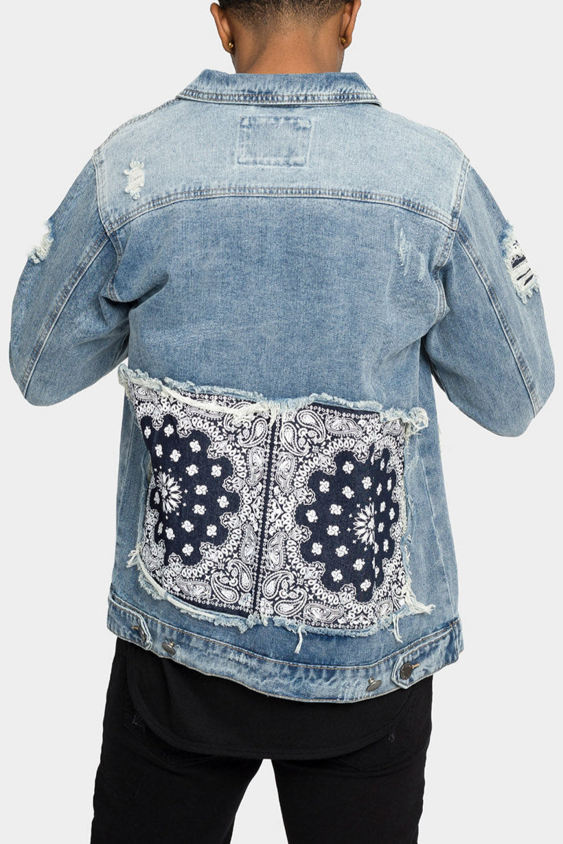 Distressed Bandana Paisley Patched Denim Jacket
