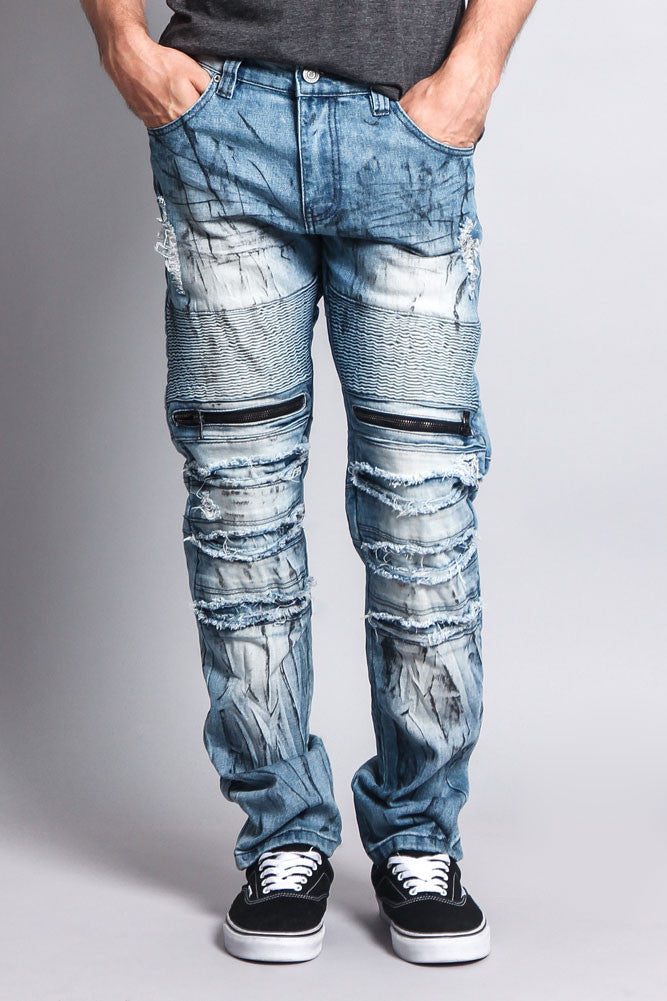 Zipper Cut Grease Wash Biker Jeans