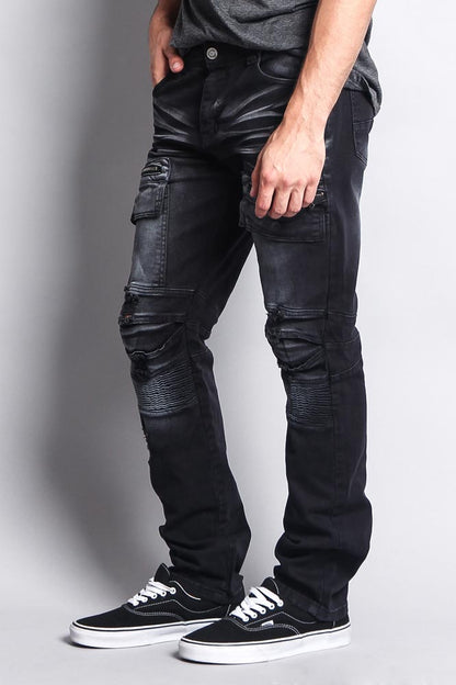 Faded Zipper Cut Cargo Pocket Biker Jeans