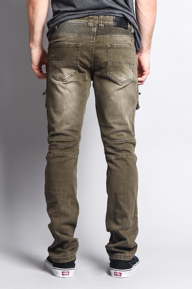 Faded Zipper Cut Cargo Pocket Biker Jeans