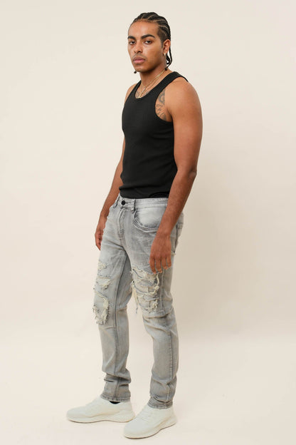 Faded Ripped Repair Denim Jeans