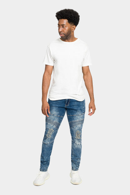 Distressed Stitch Stacked Moto Biker Jeans