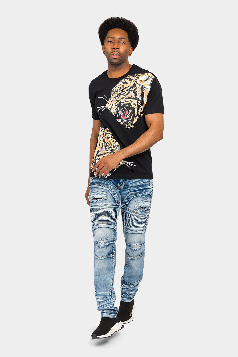 Faded Stacked Biker Denim Jeans